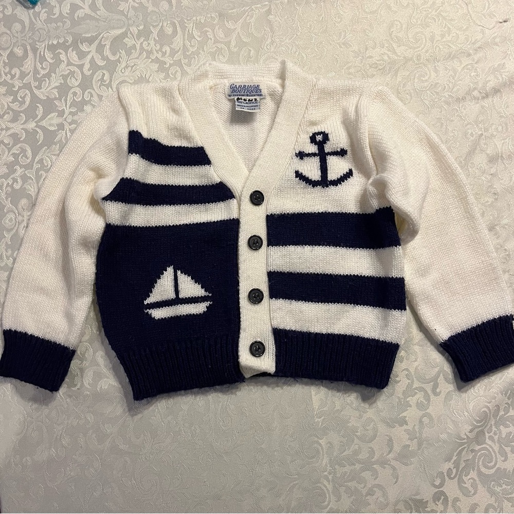 Vintage Carriage Boutiques Baby Nautical Sailboat Cardigan Sweater Blue White